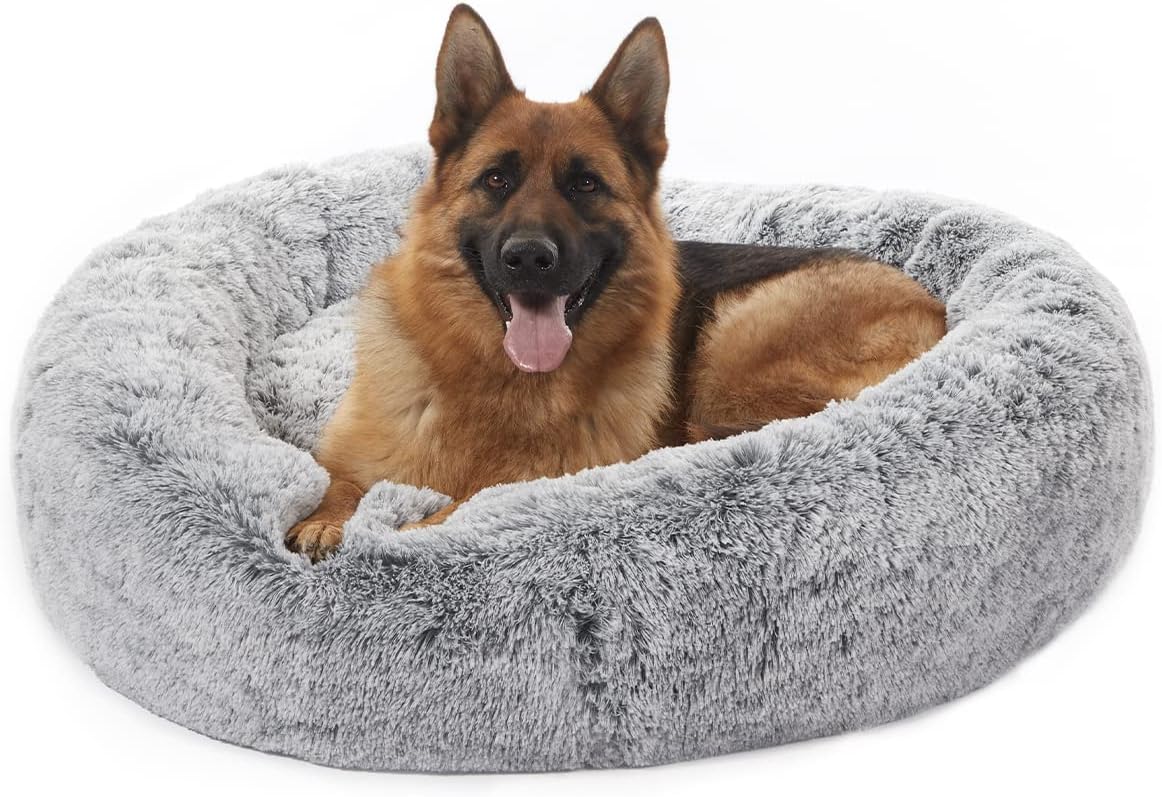 Bedfolks Calming Fluffy Donut Dog Bed for X-Large Dogs, Dark Grey, 45-Inch Round