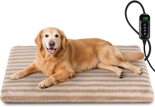 Large Pet Heating Pad, Waterproof Heated Dog Cat Bed with 11 Adjustable Temperatures & 24H Timer, Auto Shut-Off, Chew-Resistant Cord, Washable Cover, Indoor Electric Heating Mat, Beige, L(35 x 24 in)