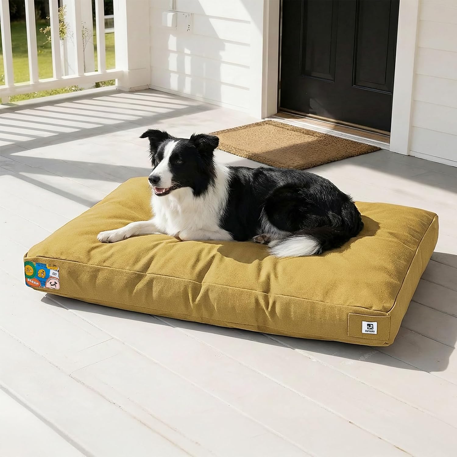 Sytopia 42 Inch Canvas Indestructible Dog Bed for Aggressive Chewers, Durable Chew Proof Dog Bed with Waterproof Machine Washable Removable Cover, Indoor Patio Pet Pad for Crate, Yellow
